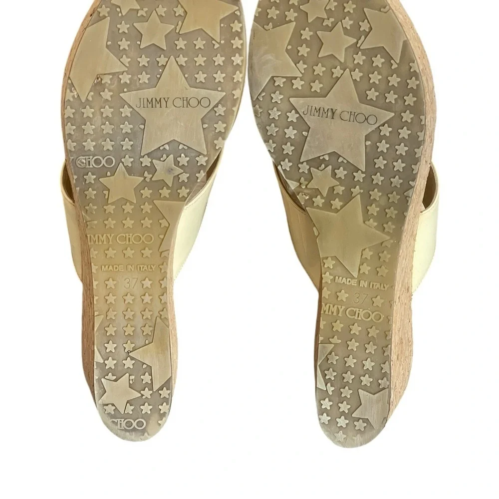 JIMMY CHOO Open Toe Platform Wedge Sandals Leather‎ Cork Size 7/ 37